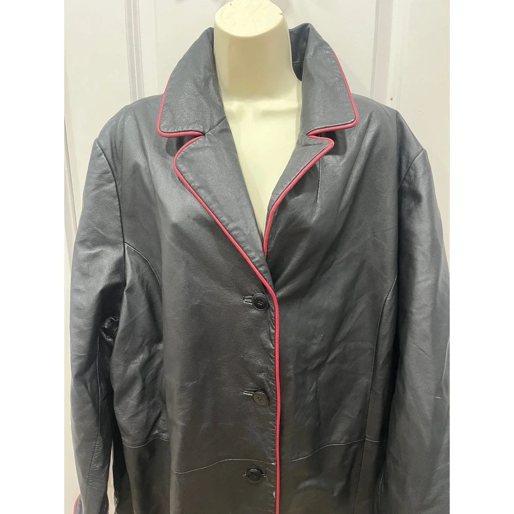 Mens Black Leather Trench Coat Pink Trim‎ Duster Jacket Outerwear Venezia